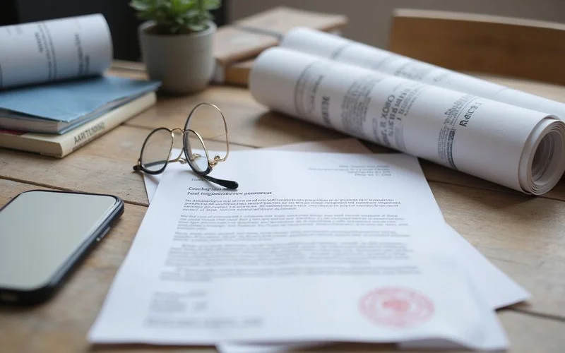 Stamped engineering assessment letter on a desk beside property drawings