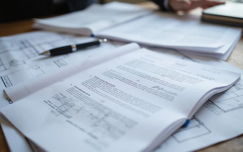 Stamped engineering report open on a table beside floor plans