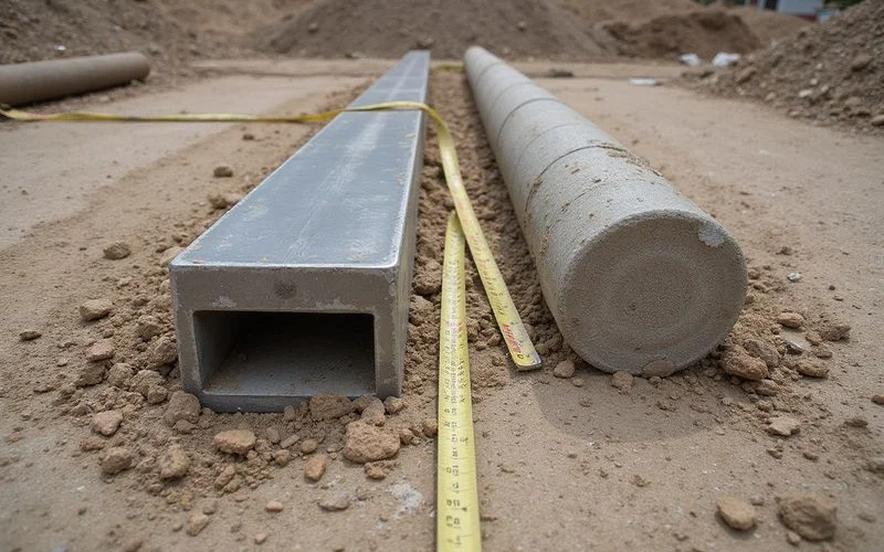 Steel pier section and pressed concrete piling side by side on a job site