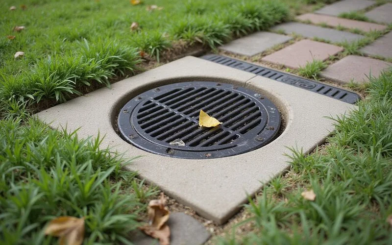 Surface catch basin and channel drain in a lawn beside a patio