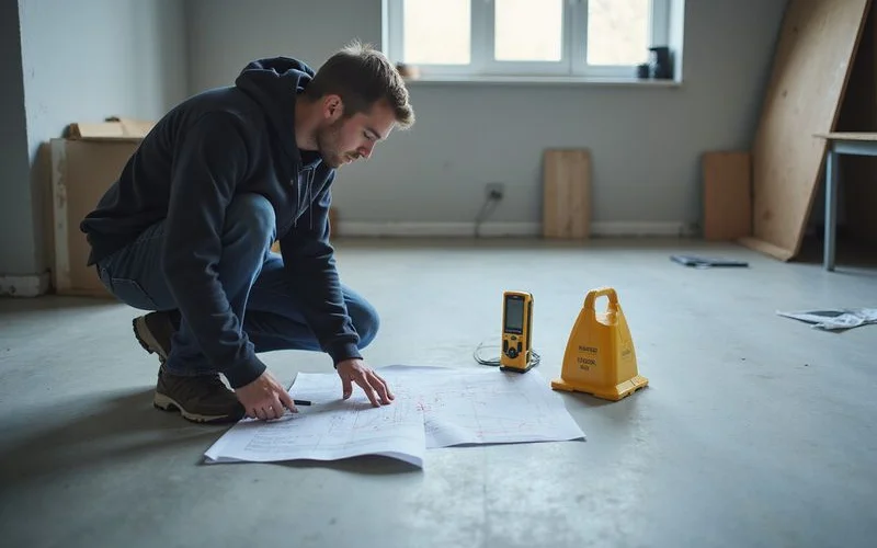 Technician recording floor elevation readings at grid points with a manometer
