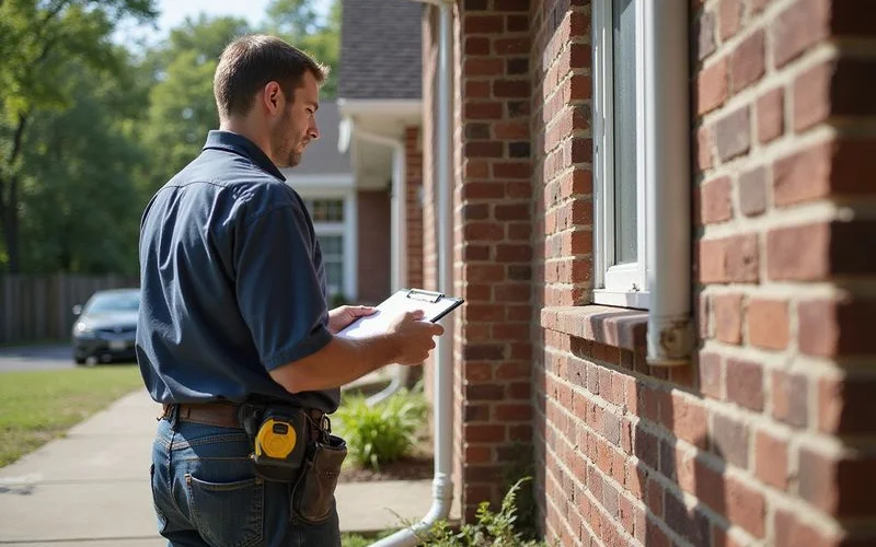 Technician walking the exterior noting crack locations and downspout discharge