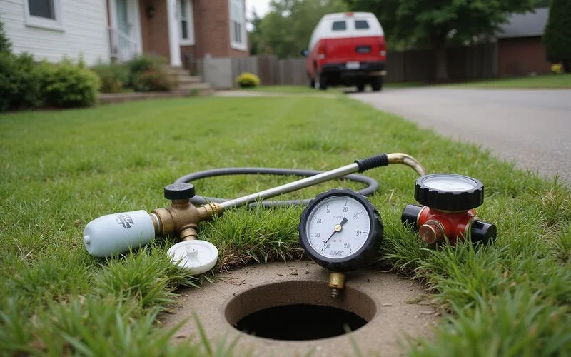Test gauge and test ball equipment laid out beside an open sewer cleanout