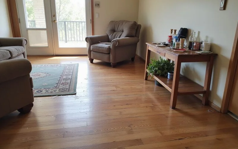 Undisturbed hardwood flooring in a room above a completed tunneling repair
