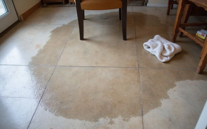 Damp patch on a tiled slab floor indicating possible moisture beneath the concrete