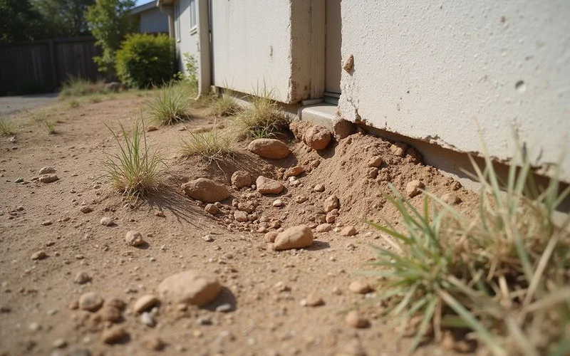 Wide gap between shrunken dry soil and a concrete slab edge in late summer