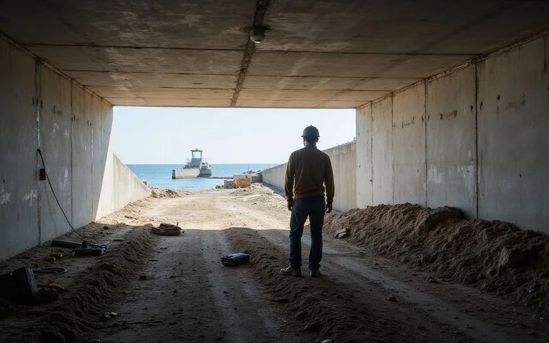 Worker accessing an interior pier location through a tunnel beneath a slab