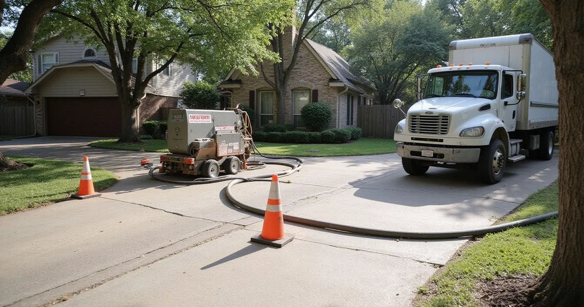 Concrete leveling equipment beside a residential driveway