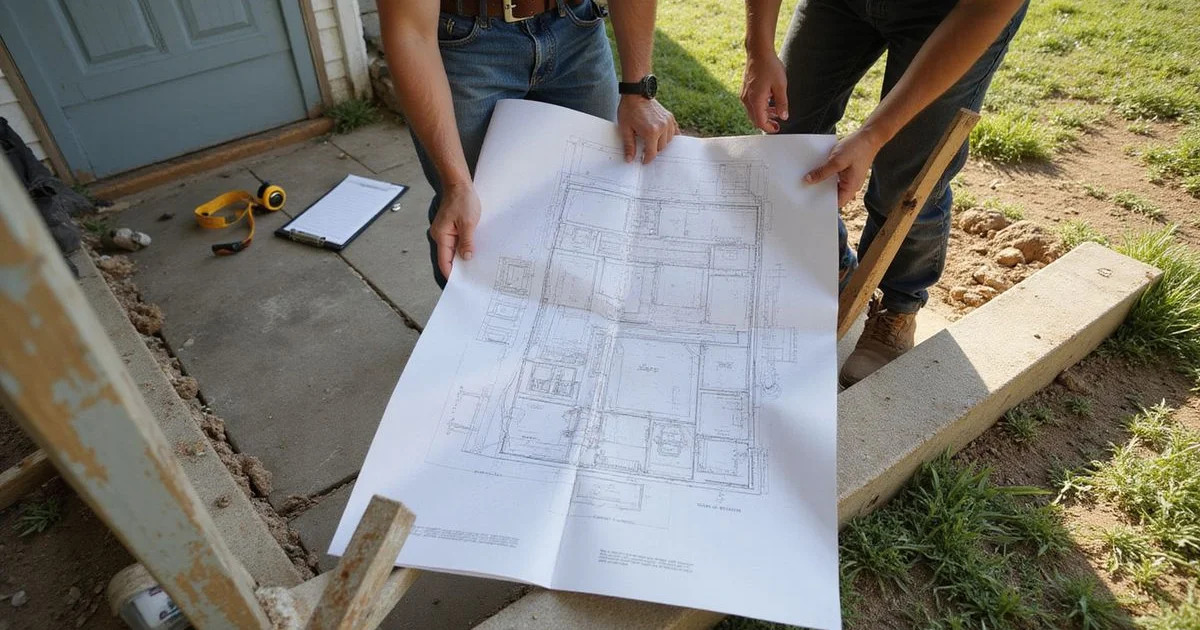 Contractor and homeowner discussing options beside a slab foundation