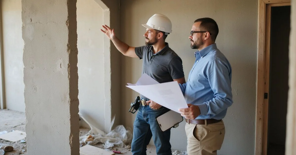 Contractor explaining options to a homeowner beside a foundation