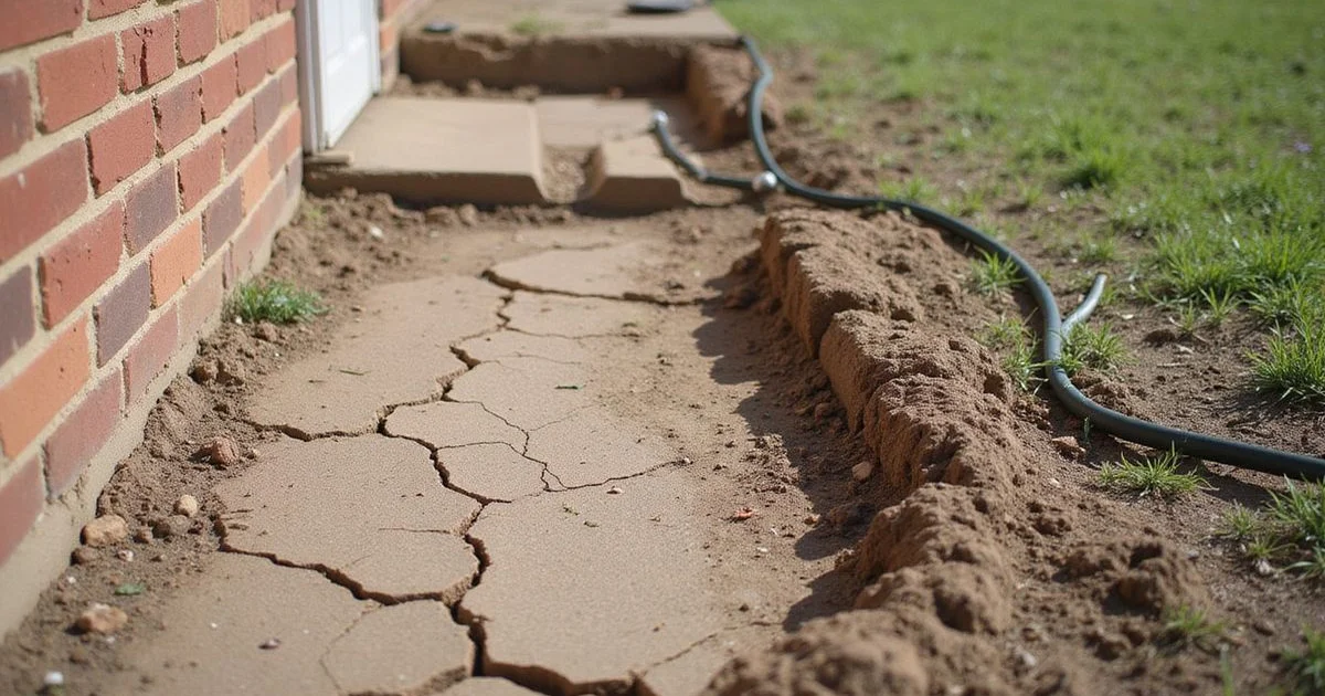 Cracked dry clay soil beside a brick Dallas home foundation in late-summer daylight