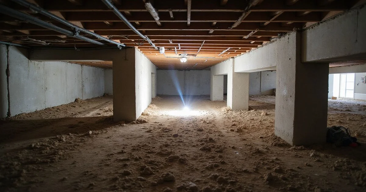 Crawlspace under an older Dallas home showing piers and wood beams