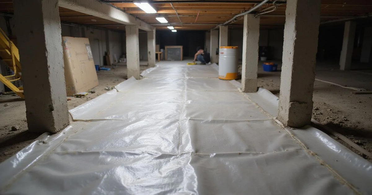 Crawlspace floor covered with a heavy polyethylene vapor barrier