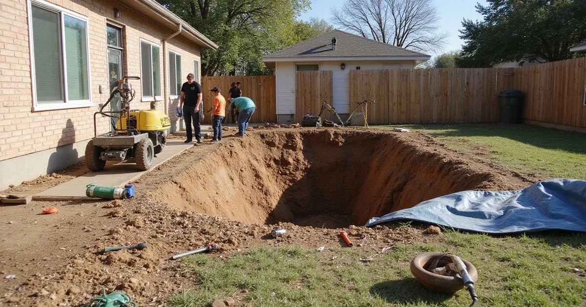 Crew installing a pier at the perimeter of a Dallas home foundation