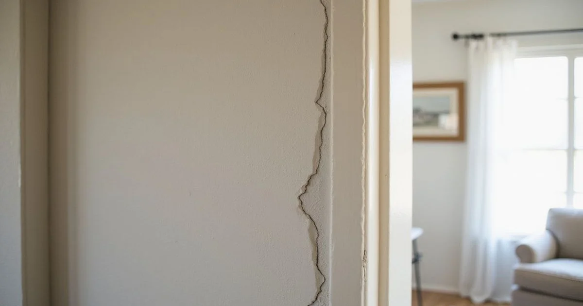 Diagonal drywall crack running from a door frame corner indoors