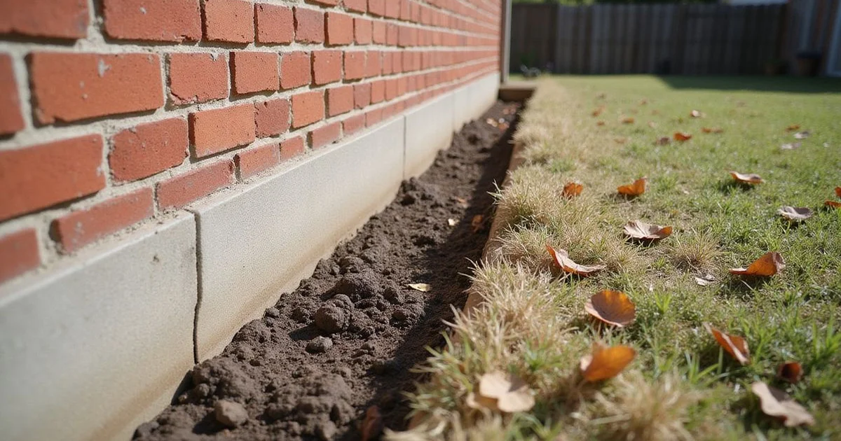 Dry cracked clay soil pulling away from the slab edge of a brick Dallas home in late summer