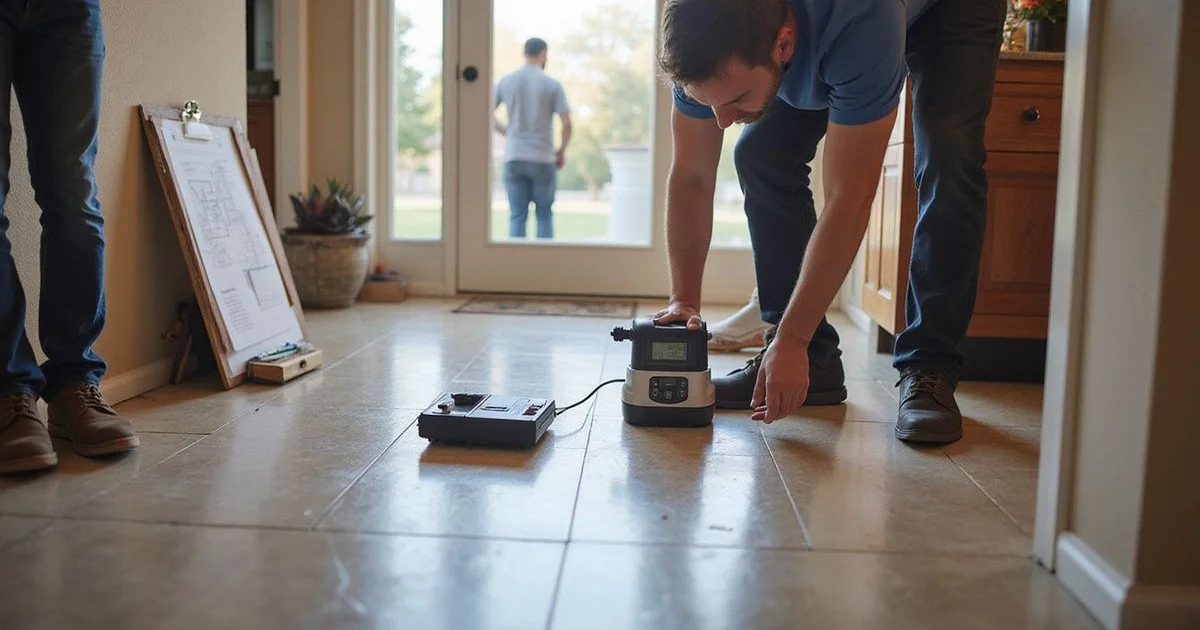 Evaluation technician setting up a digital manometer in the entry hall of a Dallas home