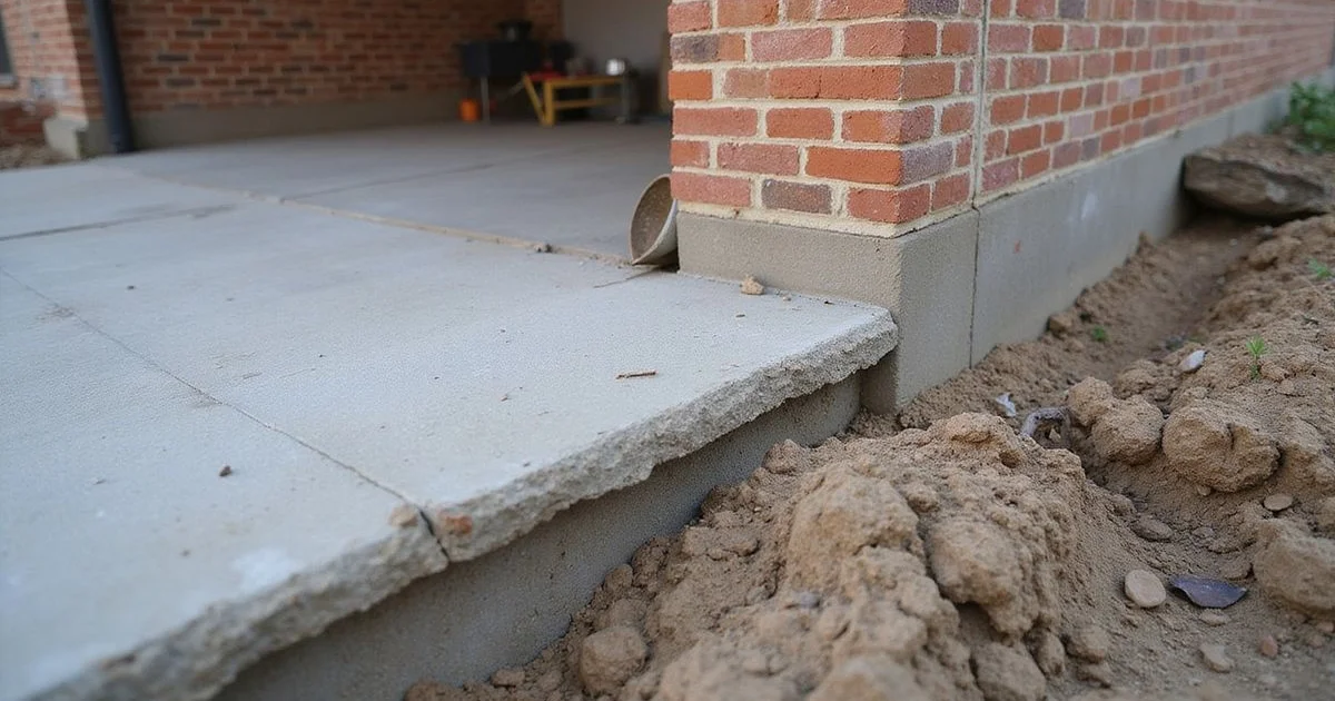 Concrete slab foundation edge with exposed grade beam at a Dallas home