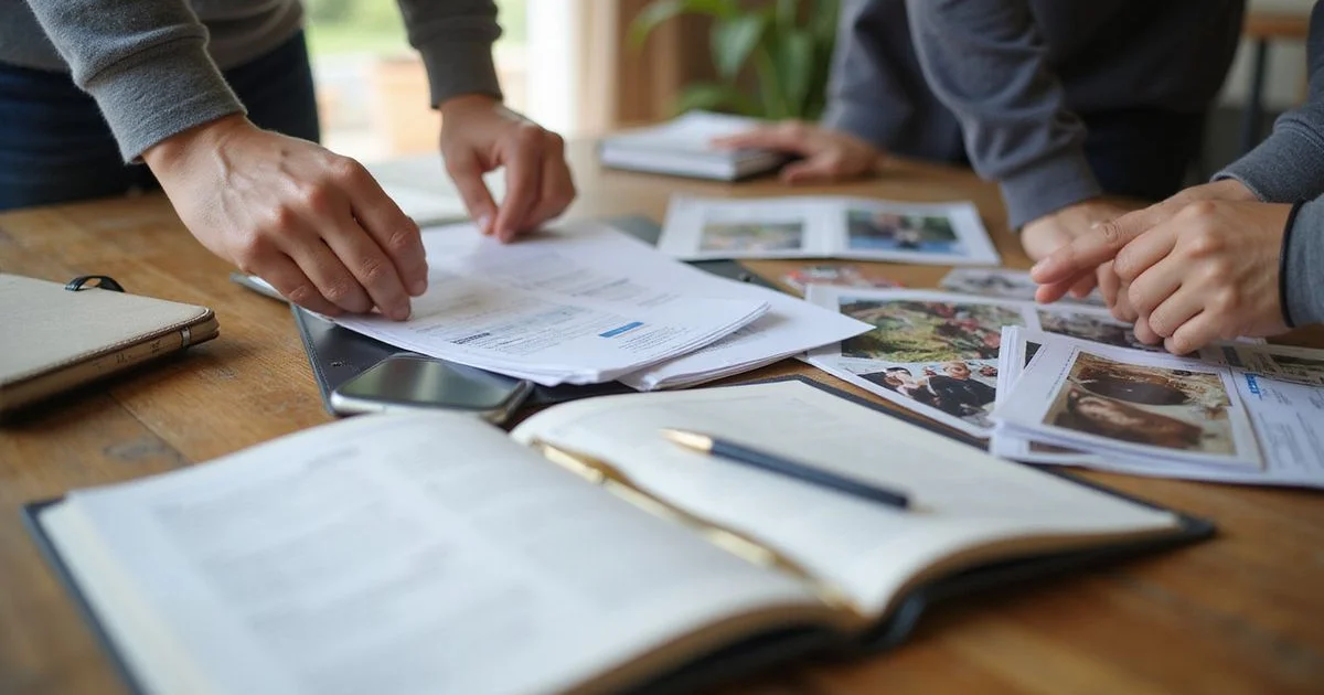 Homeowner organizing home records and photos before an appointment