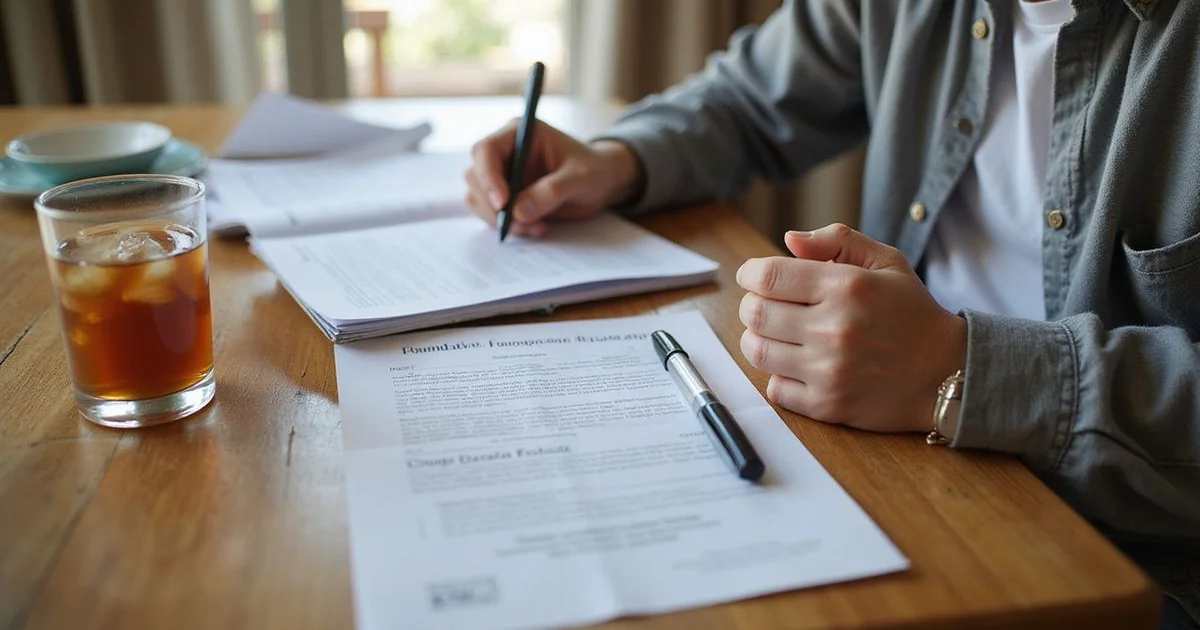 Homeowner reading a printed foundation repair warranty document at home