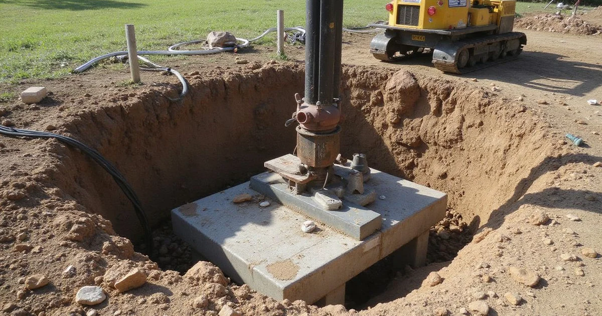 Hydraulic ram driving a pier into the ground at a job site