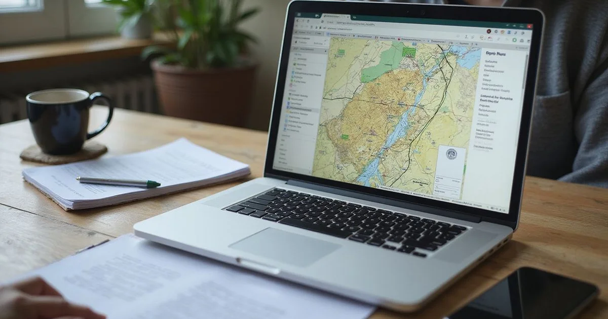 Laptop showing a soil survey map on a desk with printed property records