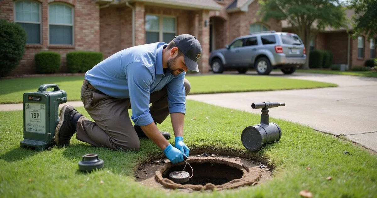 Plumber performing a hydrostatic test at a sewer cleanout on a Dallas home