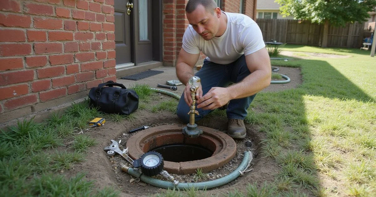 Licensed plumber performing a hydrostatic test at a sewer cleanout beside a Dallas home