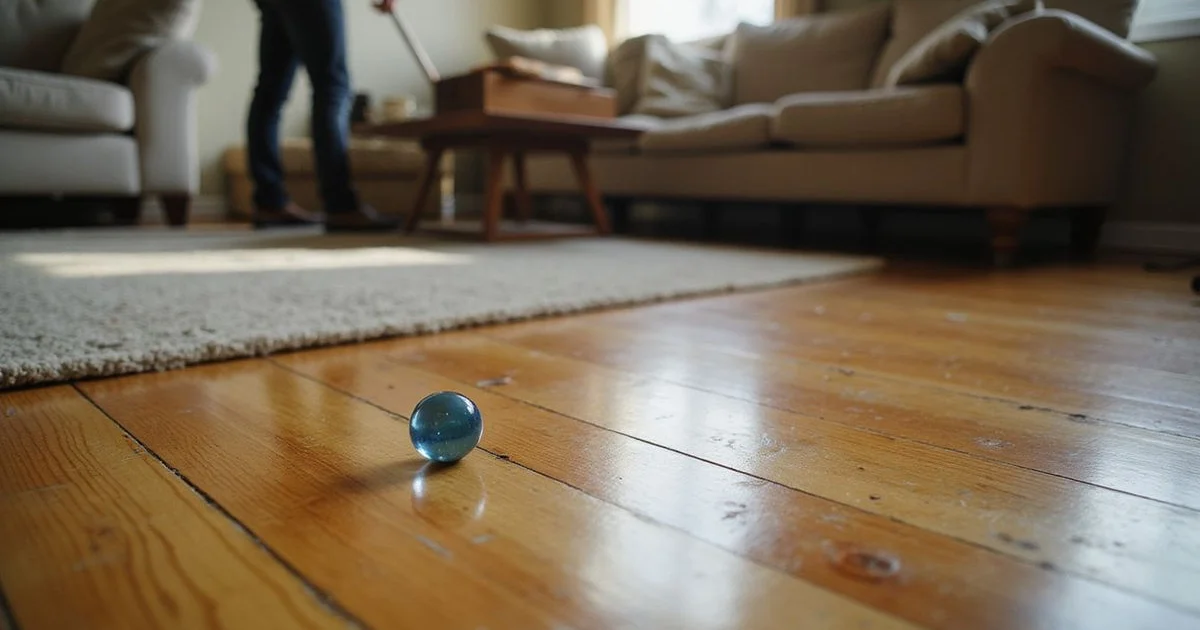Ball rolling across a visibly sloping hardwood floor