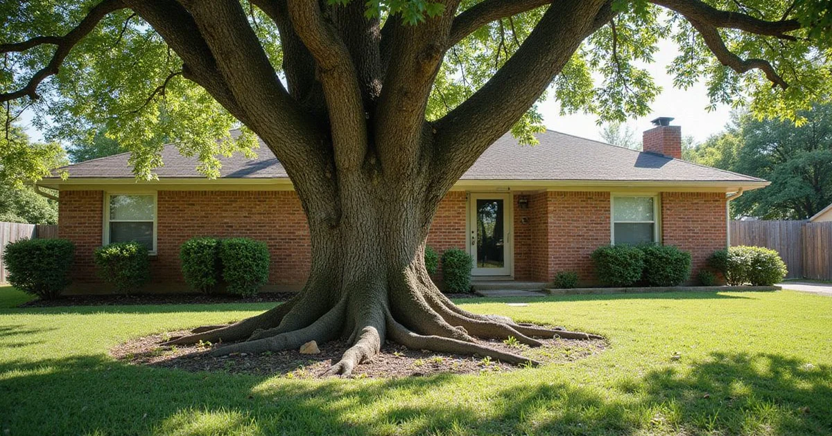 Mature live oak near a brick Dallas home with roots toward the foundation