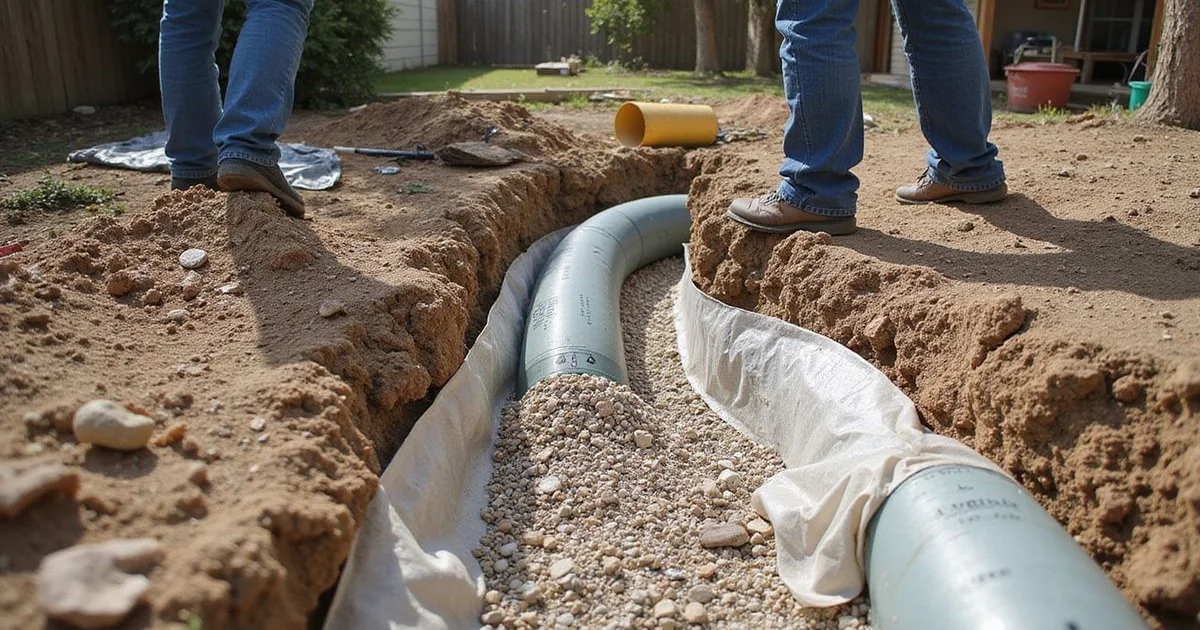 French drain trench with gravel and perforated pipe in a Dallas yard