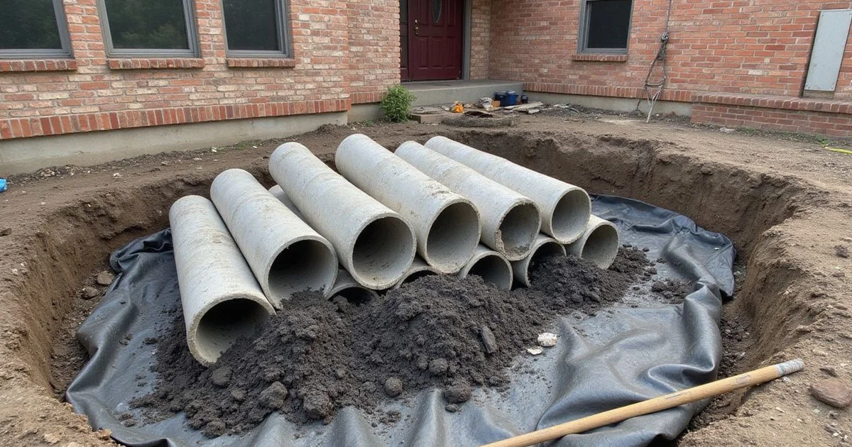 Pressed concrete pilings stacked at a residential foundation project