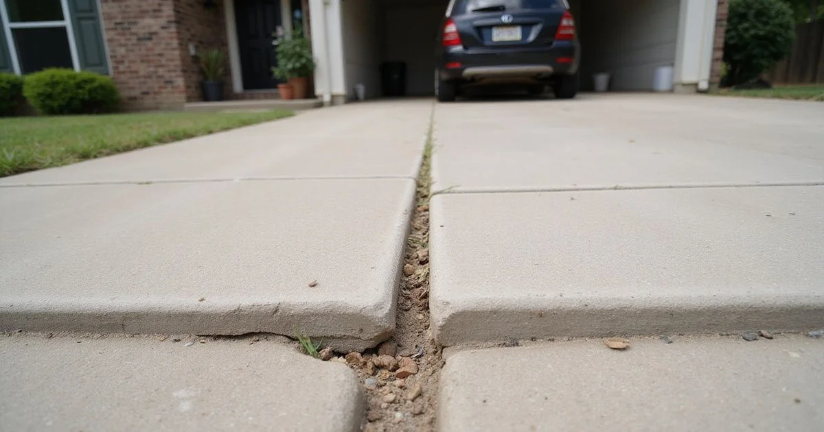 Settled and uneven concrete driveway section at a Dallas home