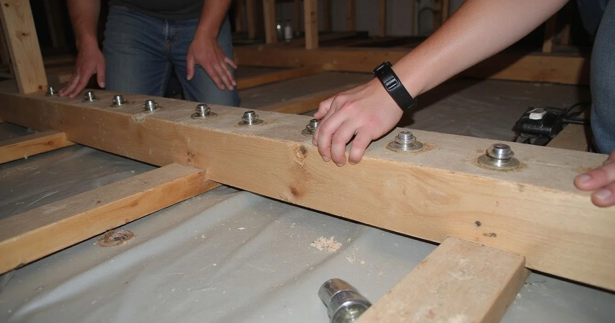 Sister joist installed alongside an existing floor joist in a crawlspace