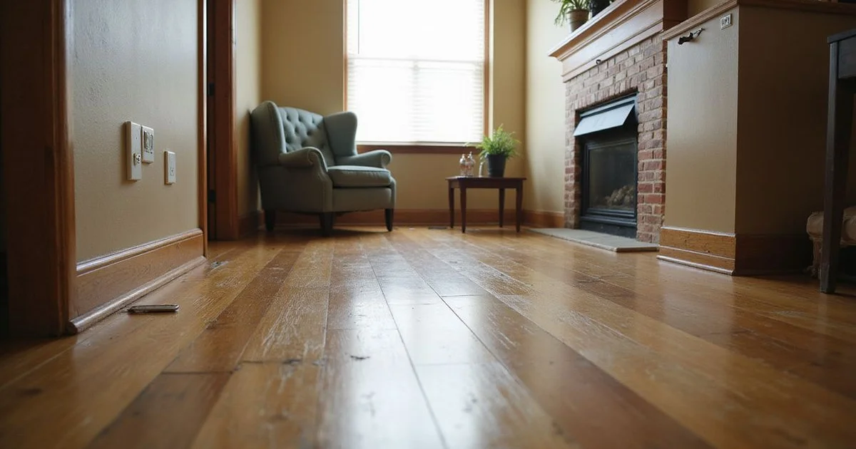 Sloping hardwood floor in an older Dallas home living room