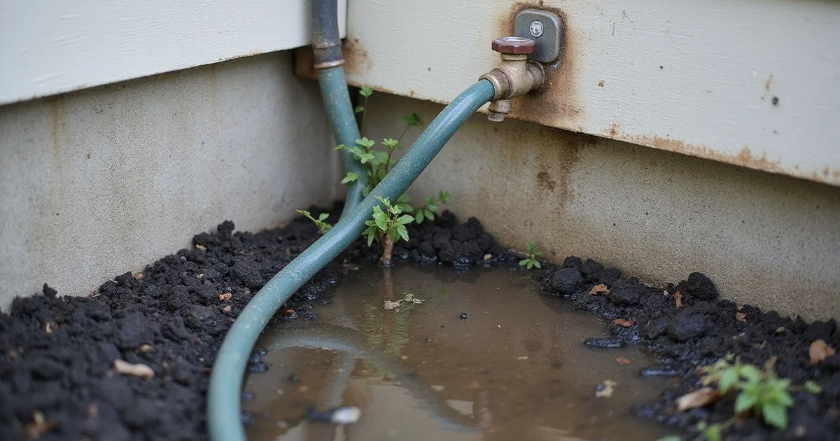 Soaker hose running along a foundation edge with a small pool of water