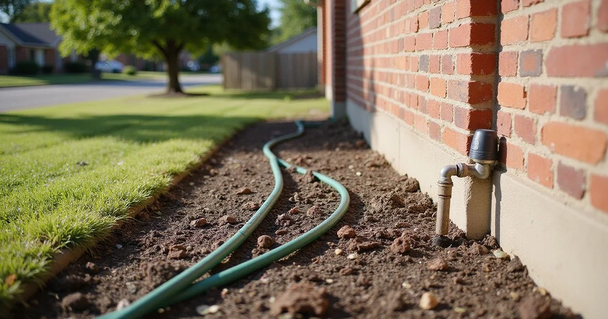 Soaker hose along the perimeter of a brick Dallas home in a mulched bed
