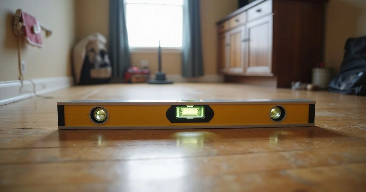 Level tool on a sloping floor in an older Dallas home