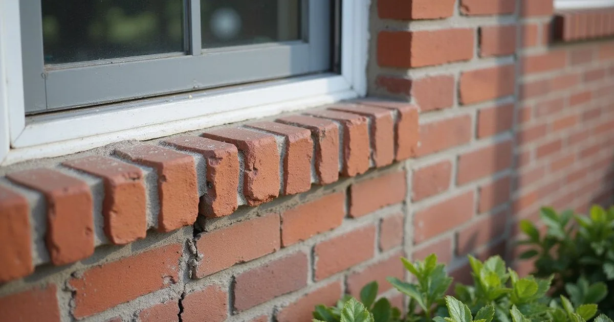 Stair-step crack in exterior brick mortar near a window of a Dallas home