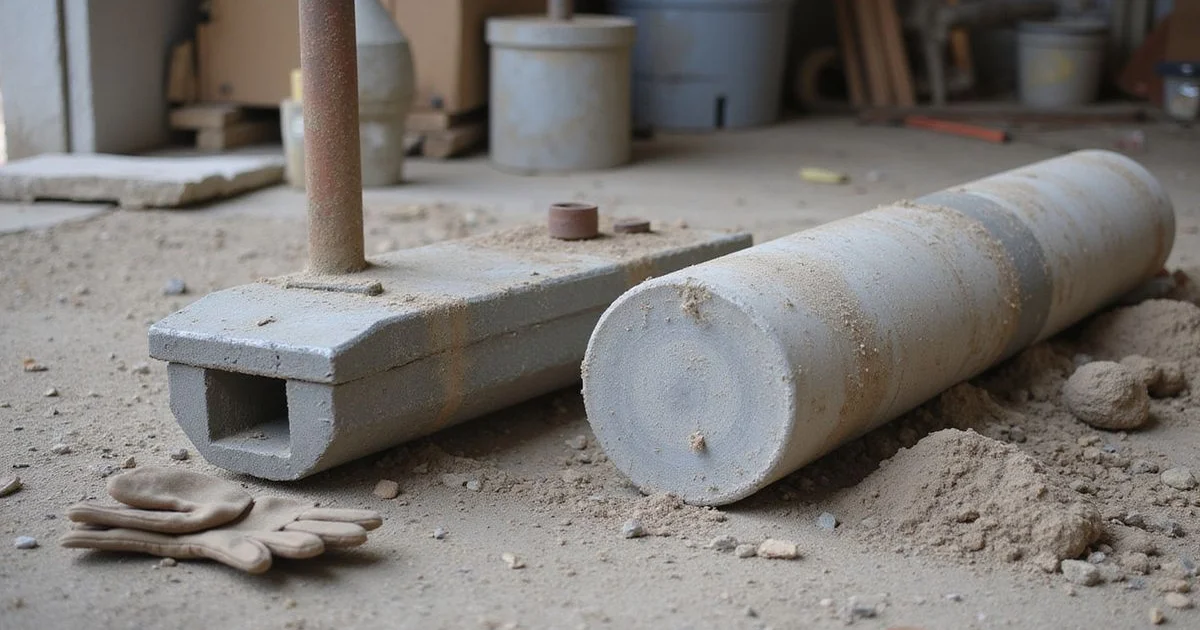 Steel pier and concrete piling displayed side by side on a job site