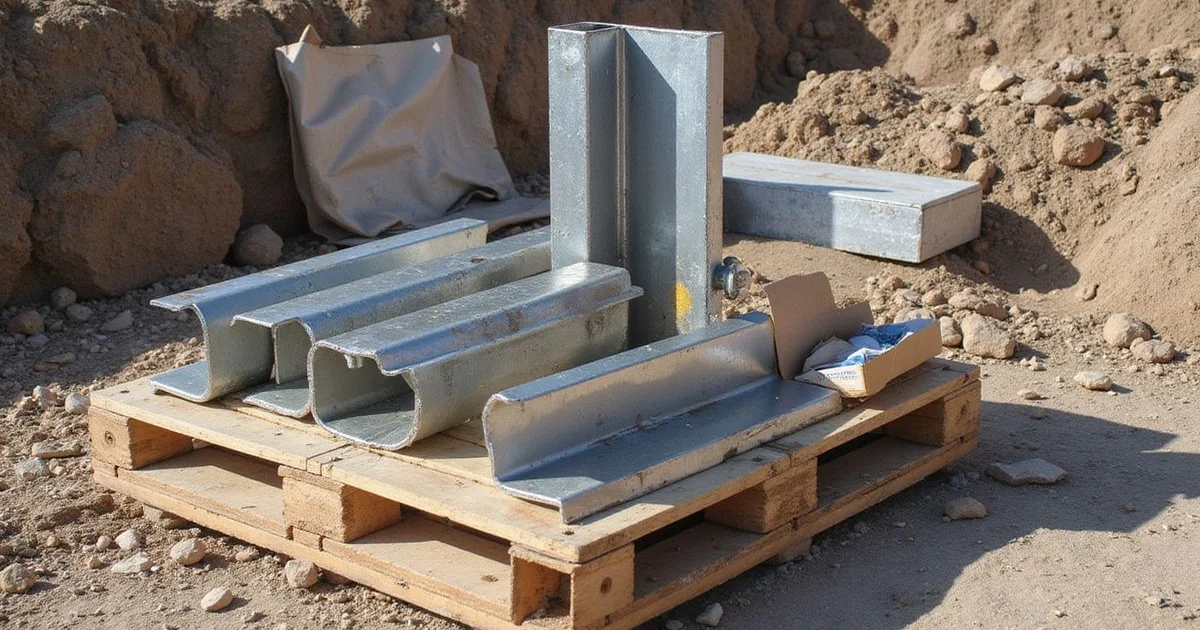 Steel pier sections staged at a foundation repair job site