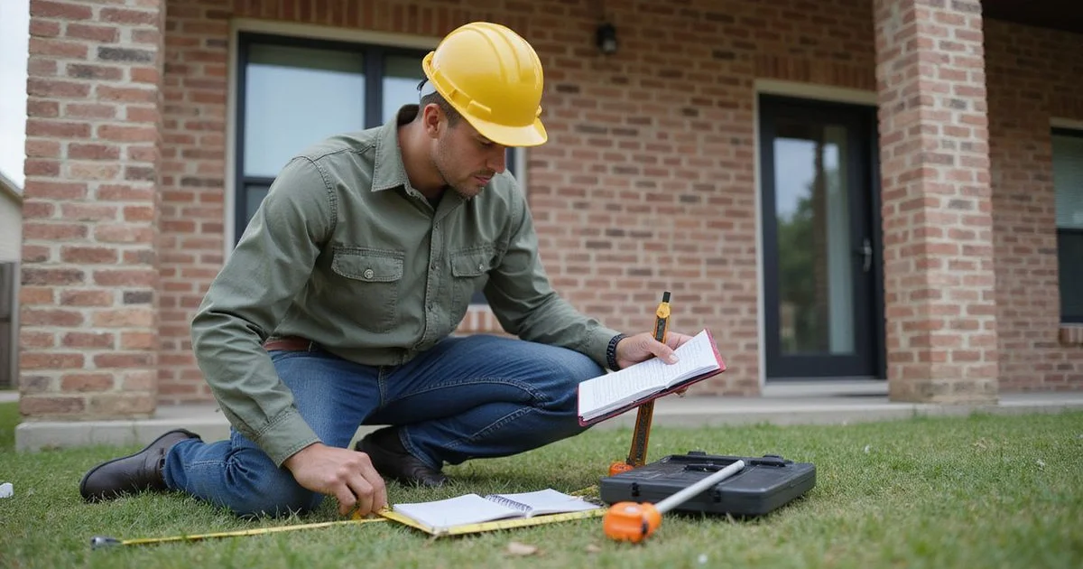 Structural engineer taking measurements at a home foundation
