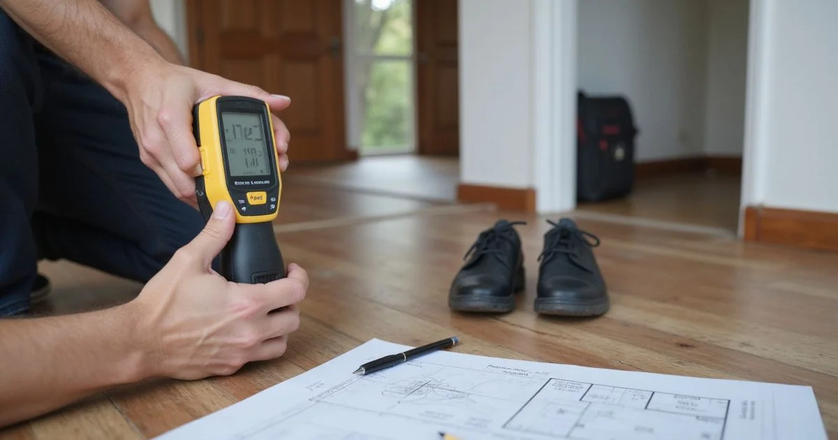 Technician using a digital manometer on a home floor during an evaluation