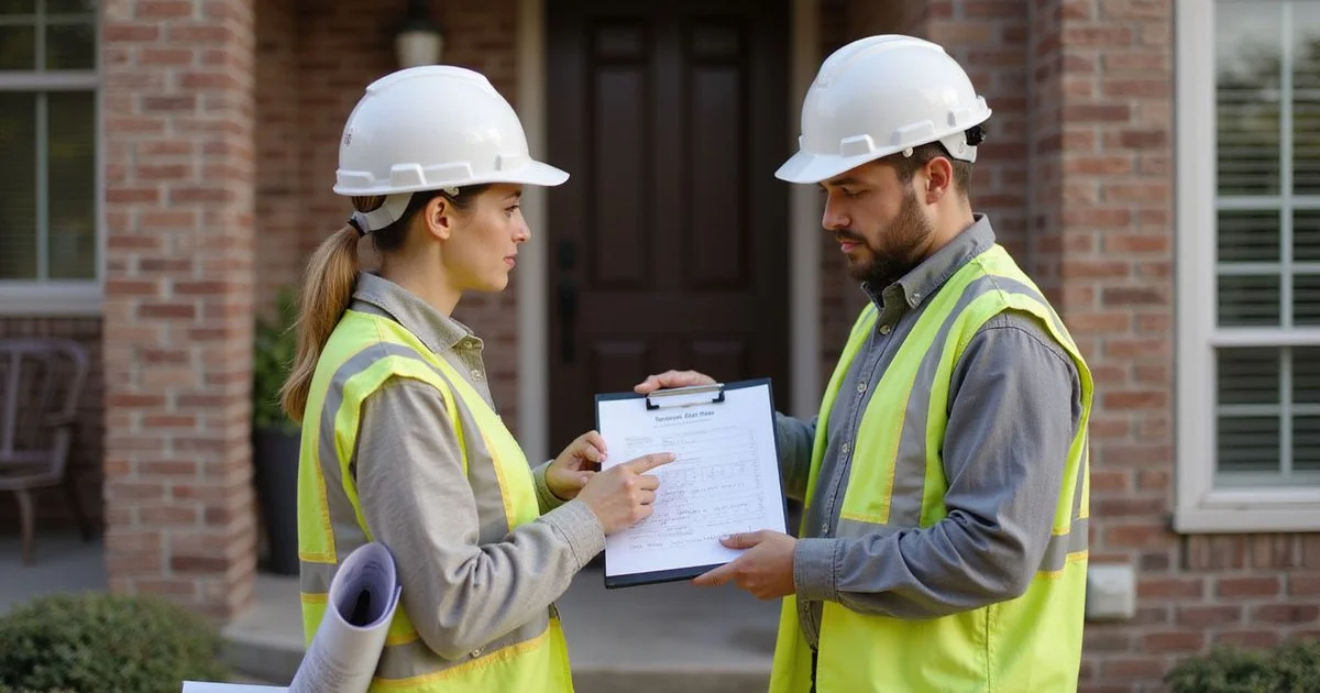 Two professionals reviewing a foundation elevation report on site