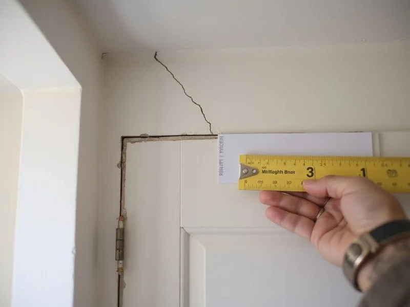 Diagonal crack above an interior door frame being measured with a comparator card