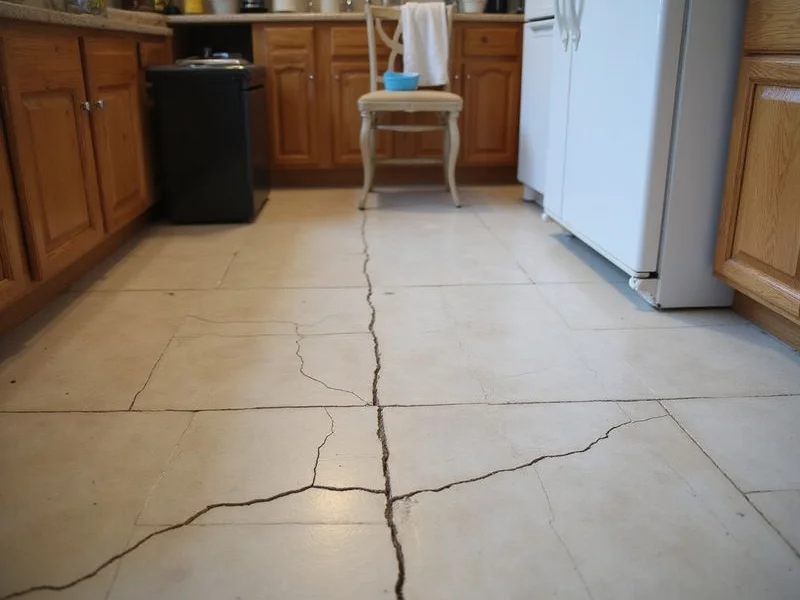 Cracked floor tile running in a line across a kitchen floor