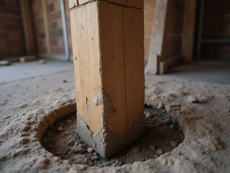 Deteriorated wood support post and damp soil beneath an older Dallas home