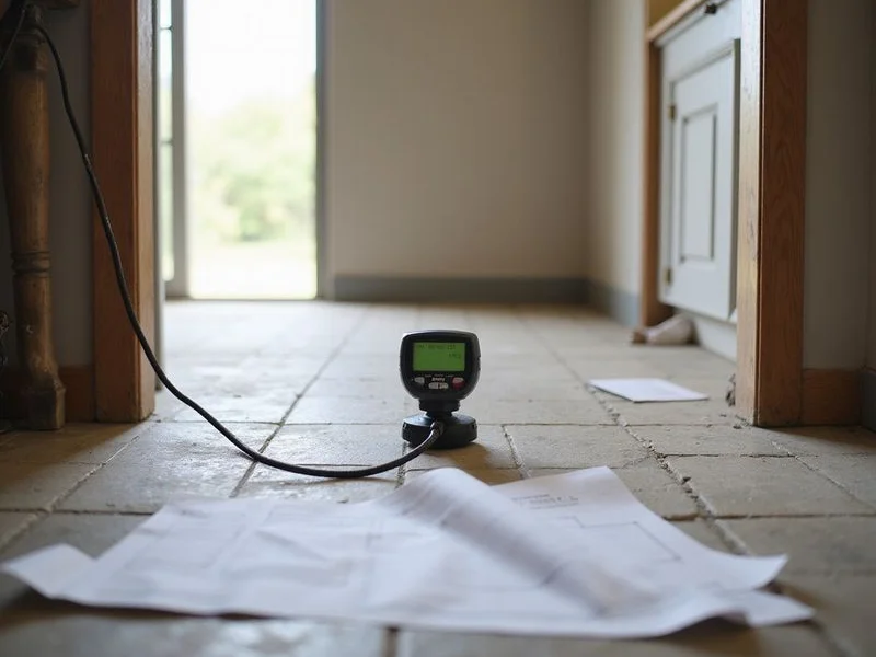 Digital manometer base unit set on an entry floor to establish the datum point