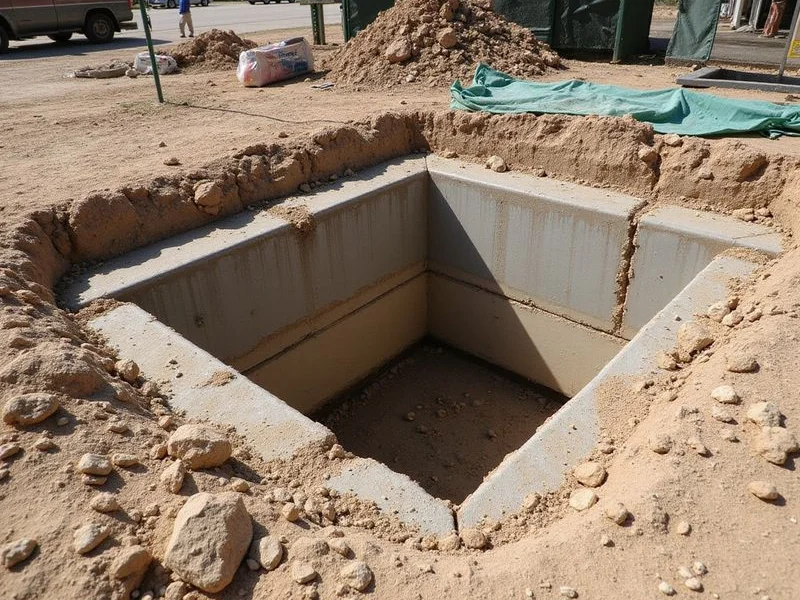 Excavated access hole at a grade beam corner showing the clay soil profile
