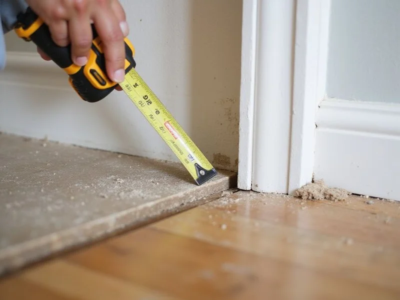 Gap between baseboard and floor with a tape measure showing the separation